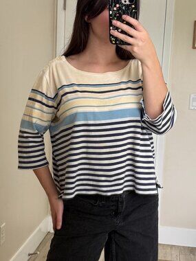 CB Casual Petite Blue & Pale Yellow Striped 3/4 Sleeve Top Size XL